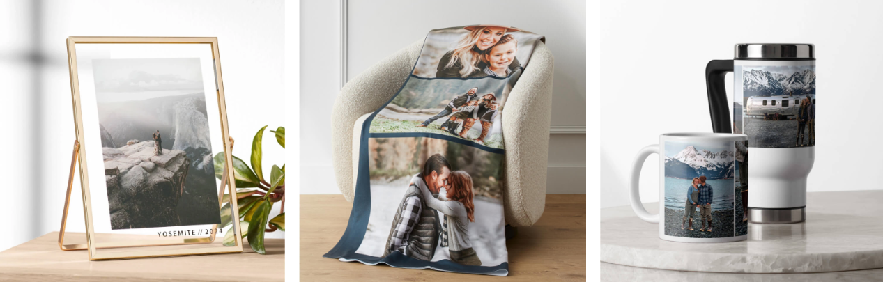 A collage of a framed tabletop print, blanket with family pictures as well as a mug and a flask