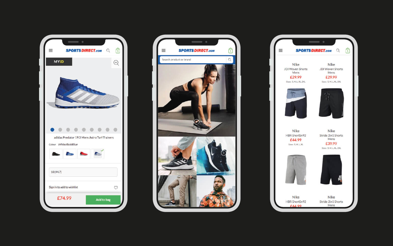 Sports direct  mobil uygulama üzerinden spor ayakkabı, erkek şort ve kadın fitness kıyafetlerinin satın alınabileceğini gösteren fotoğraf