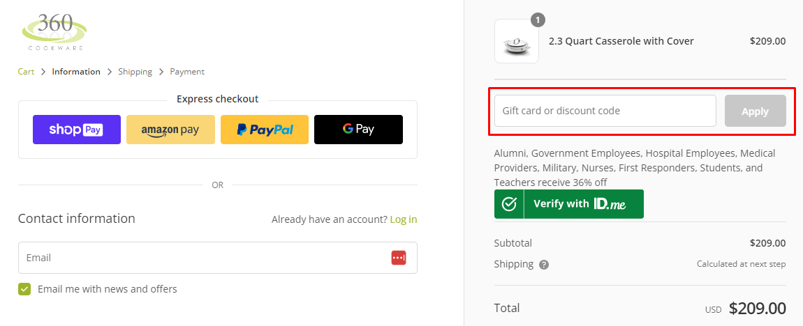 How do I use my 360 Cookware discount code?