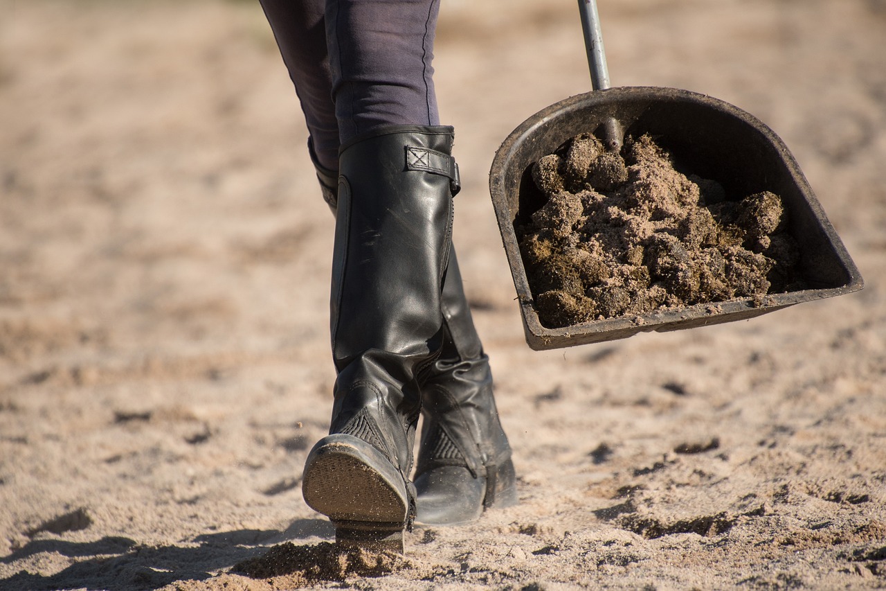 A person wearing a pair of black leather boots out in an open field with sand.