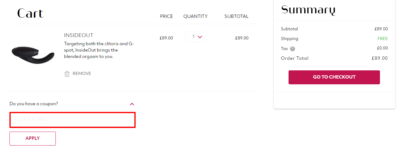 Womanizer coupon code box highlighted in red for easy visibility