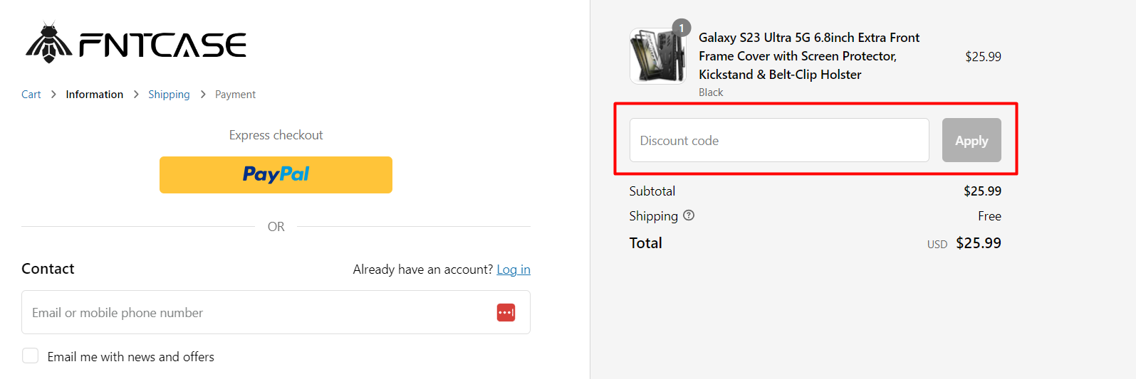 How do I use my FNTCASE discount code?