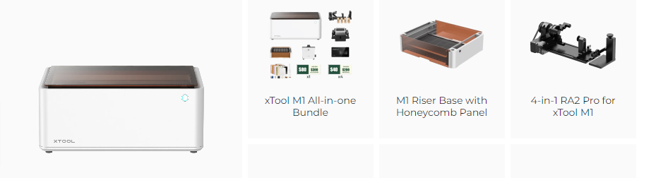 acollage of pictures on a white background showing laser and blade cutter, M1 bundle, riser base and 4-in-1 R2 Pro