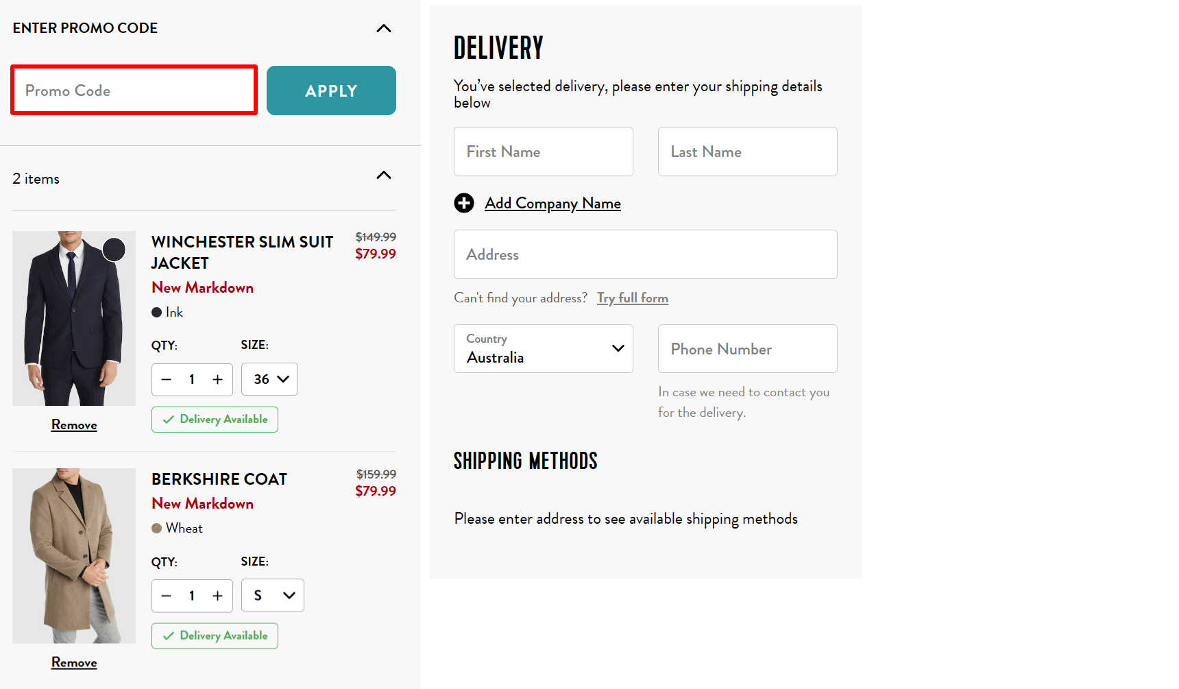 The brand checkout page with where to add the Connor discount code highlighted with a red box