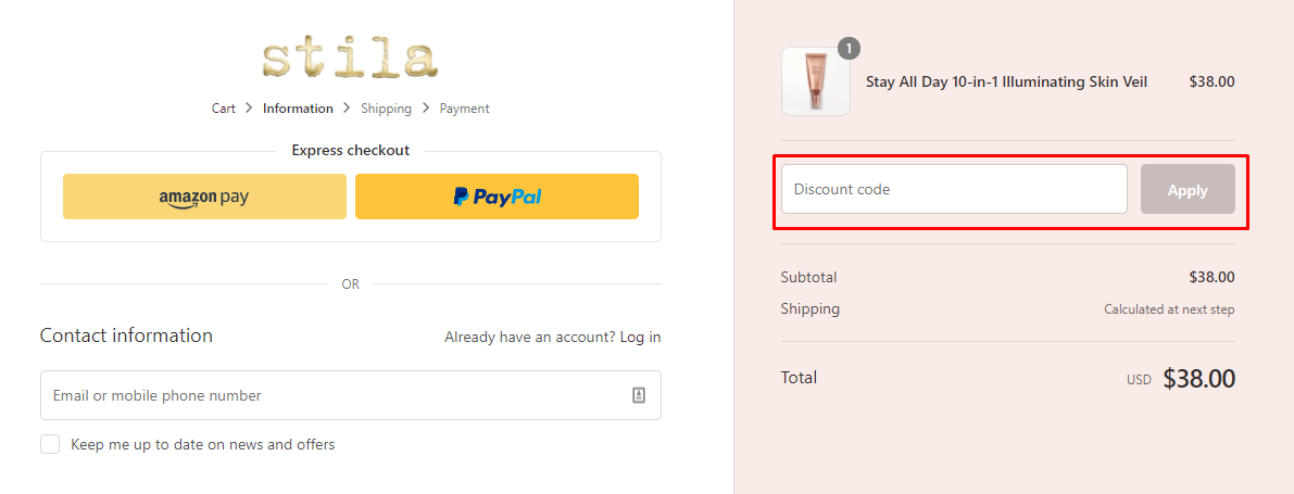 How do I use my Stila Cosmetics discount code?