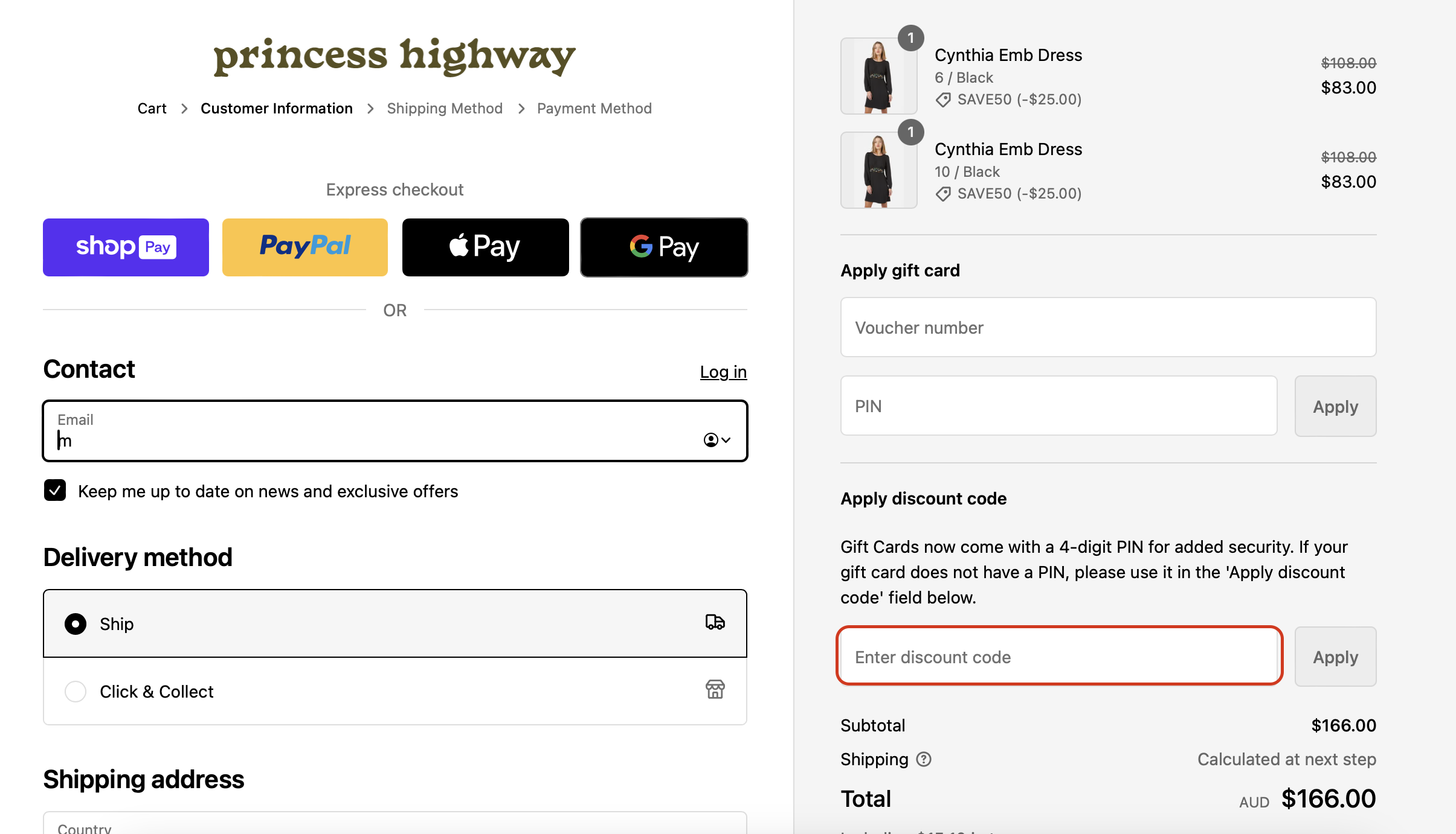 The highlighted red box at the brand checkout page is showing where to add the Princess Highway coupon code.