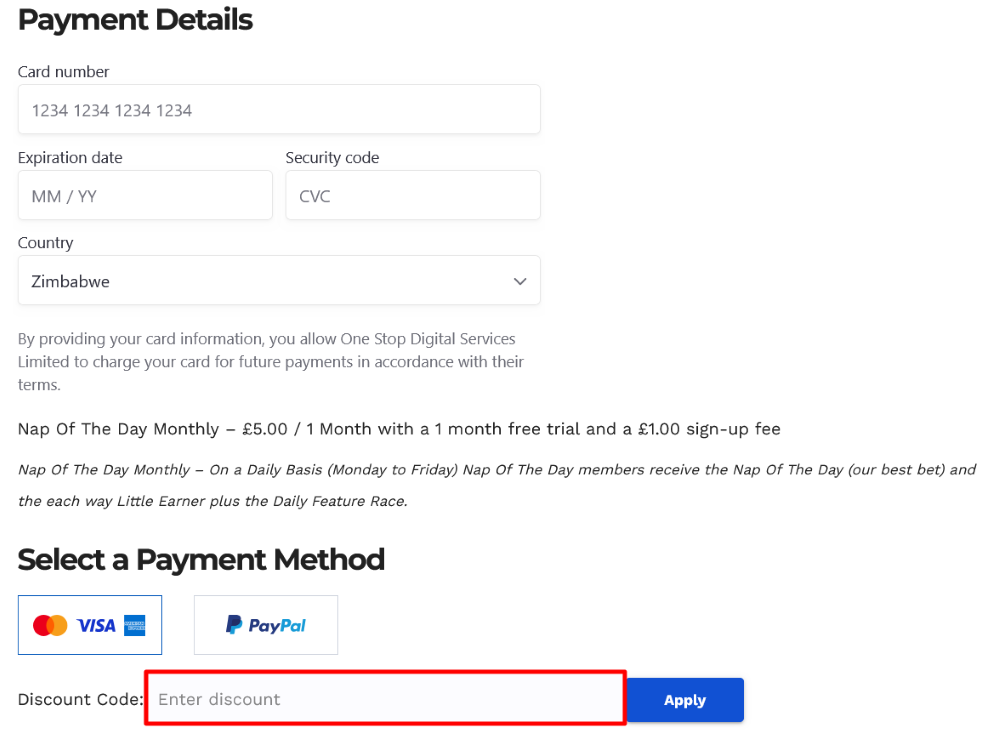The checkout page for One Stop Racing, where you paste the code