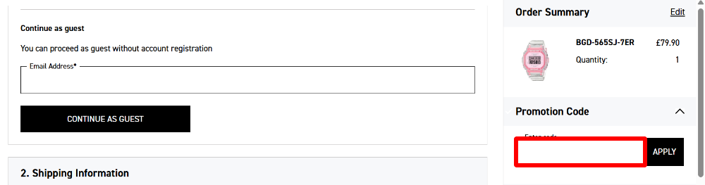 The G-Shock checkout page with where to paste the G-Shock voucher code in a red box