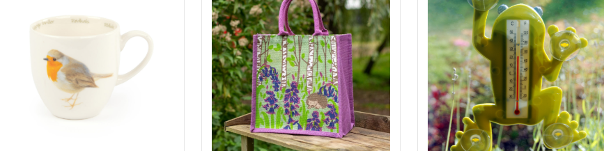 CJ Wildlife gifts such as a mug, bag, and a frog thermometer