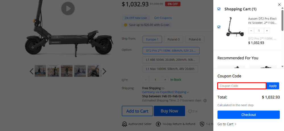 Geekbuying discount code place in the shopping cart pop up