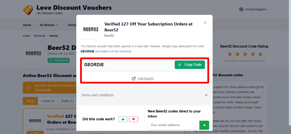 Love Discount Vouchers Beer52 voucher code that you can see highlighted by a red box