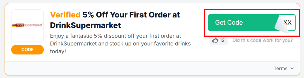 A DrinkSupermarket voucher code with "Get Code" in a red box