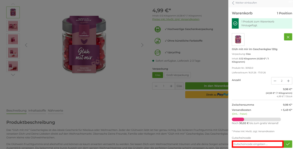 Warenkorb von Naschlabor mit rotmarkierten Eingabefeld für Gutscheine