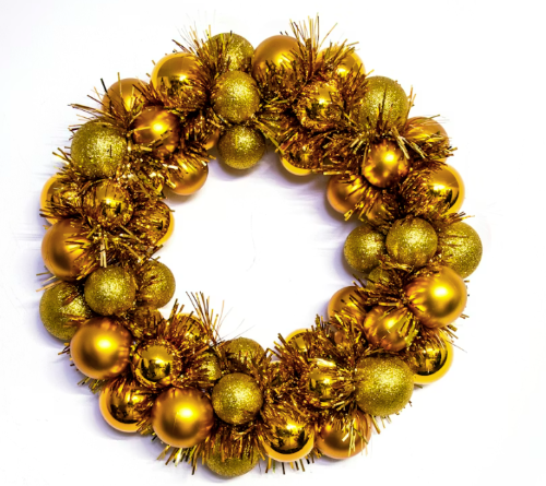 Decorate your space with a gold wreath from Christmas Tree World