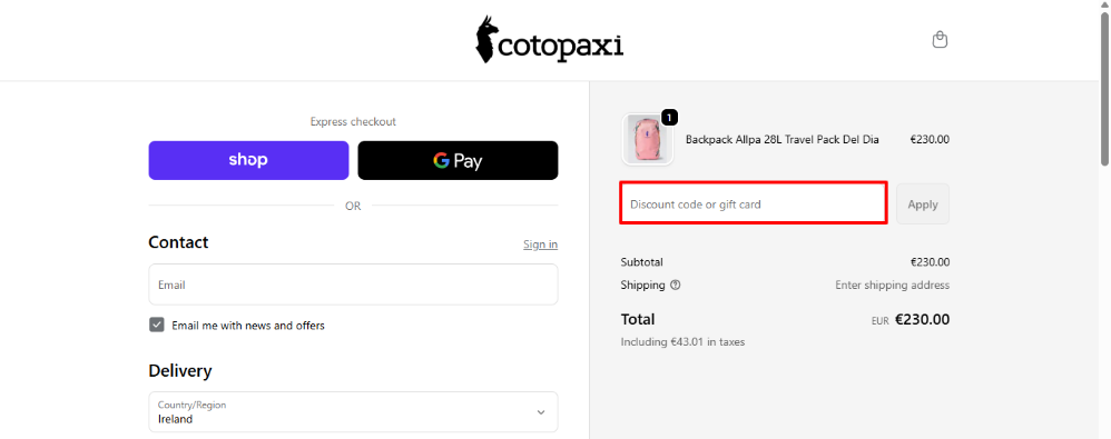 Apply your Cotopaxi promo code to your order in the red box
