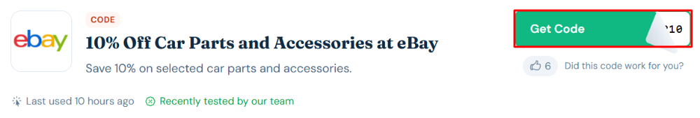 A eBay discount code with "Get Code" in a red box