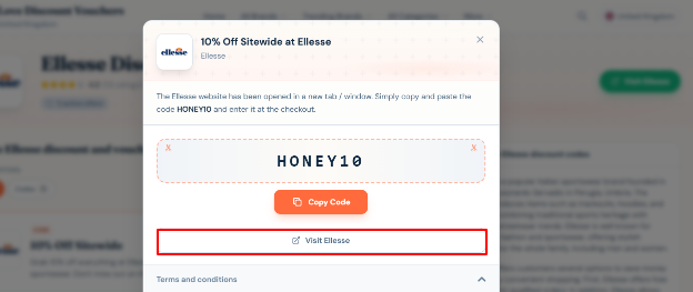 The highlighted red box shows the link to the Ellesse website