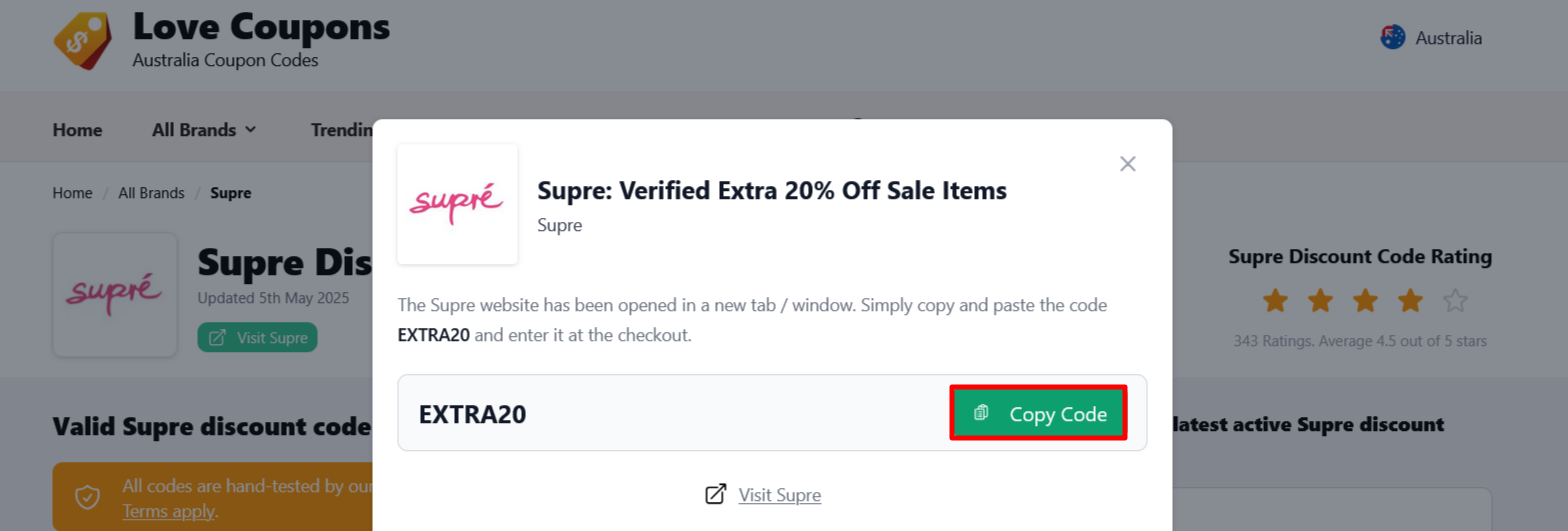 Supre page on Love Coupons where to copy your code
