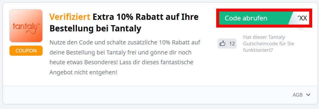Angabe zu einem Gutschein für Tantaly mit einem rotmarkiertem grünen Button