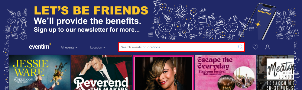 The Eventim website and the different shows and events they have tickets for, and a search bar highlighted with a red box