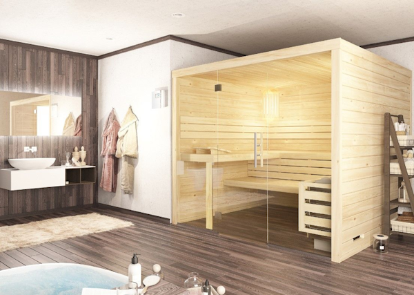 Ein modernes Badezimmer mit einer eingebauten Saunakabine aus Holz von Saunaloft