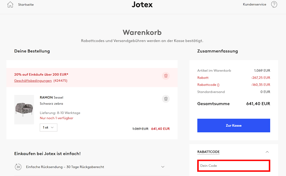 Warenkorb von Jotex mit einem rotmarkierten Eingabfeld für den Jotex Gutschein