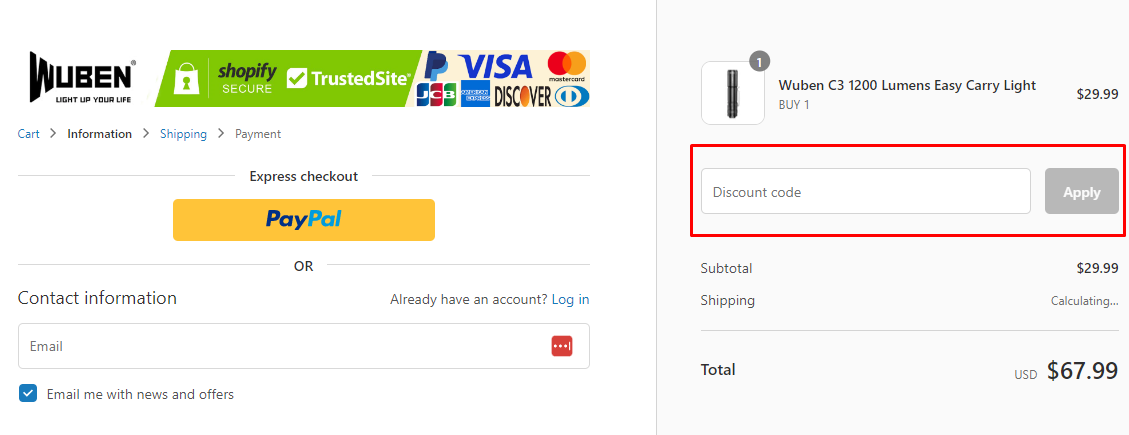 How do I use my Wuben light discount code?