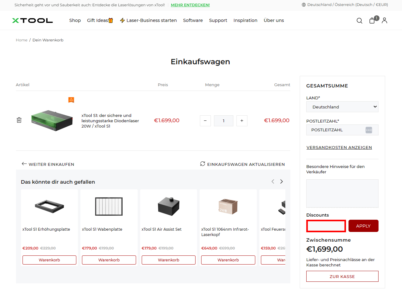 Der Warenkorb von xTool mit rotmarkierter Stelle für den xTool Gutscheincode