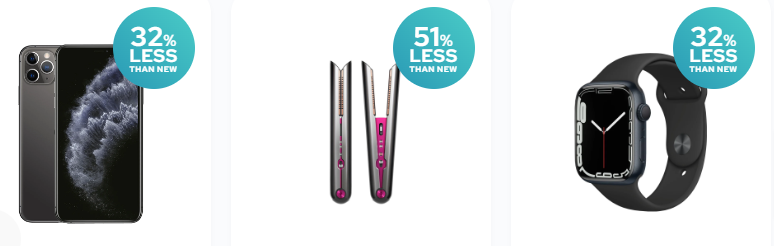A Loop Mobile refurbished smartphone, watch, and hair straightener