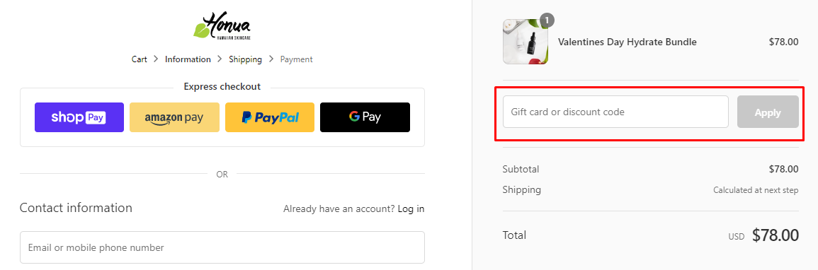How do I use my Honua Hawaiian Skincare discount code?