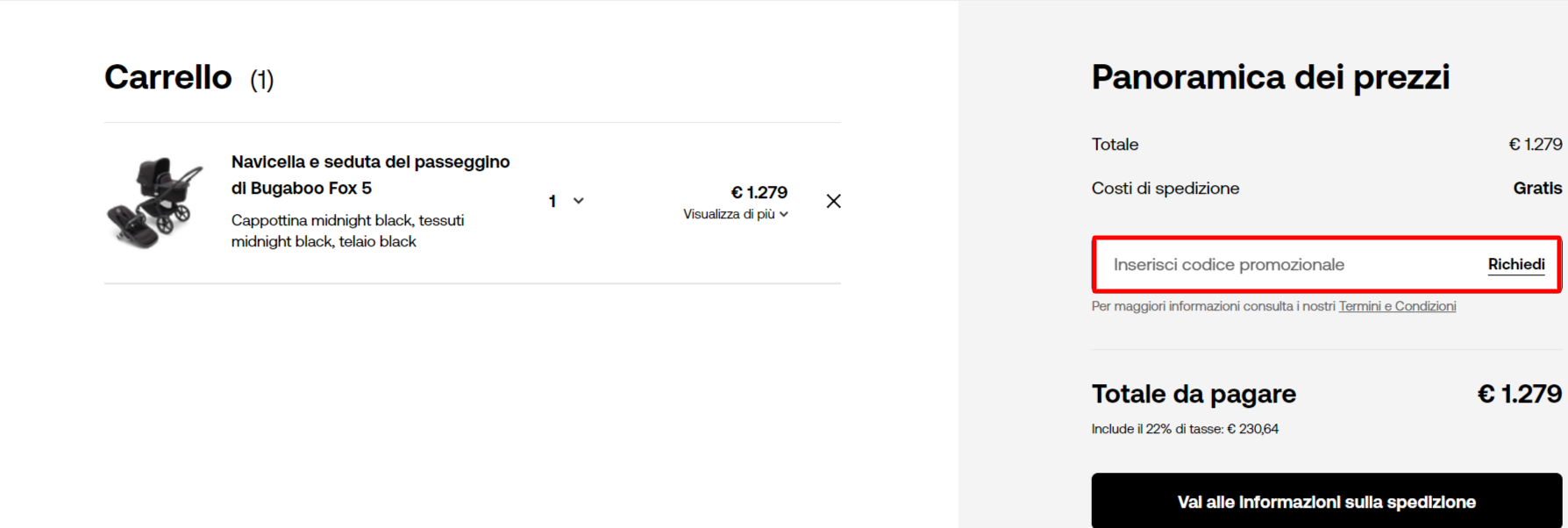carrello del sito ufficiale Bugaboo che mostra l'uso di un codice sconto Bugaboo per acquistare un passeggino