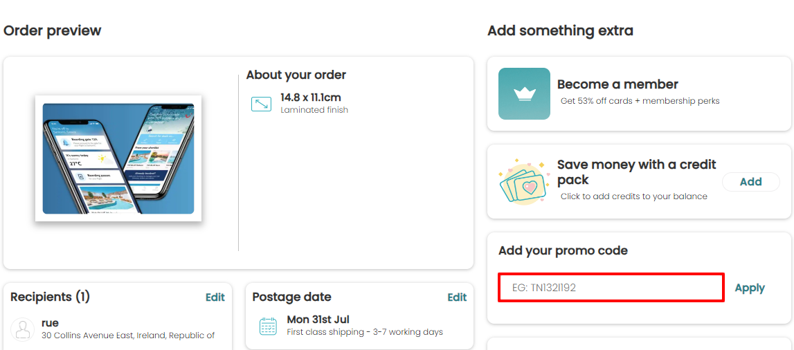 The brand checkout page with where to add the TouchNote promo code highlighted with a red box