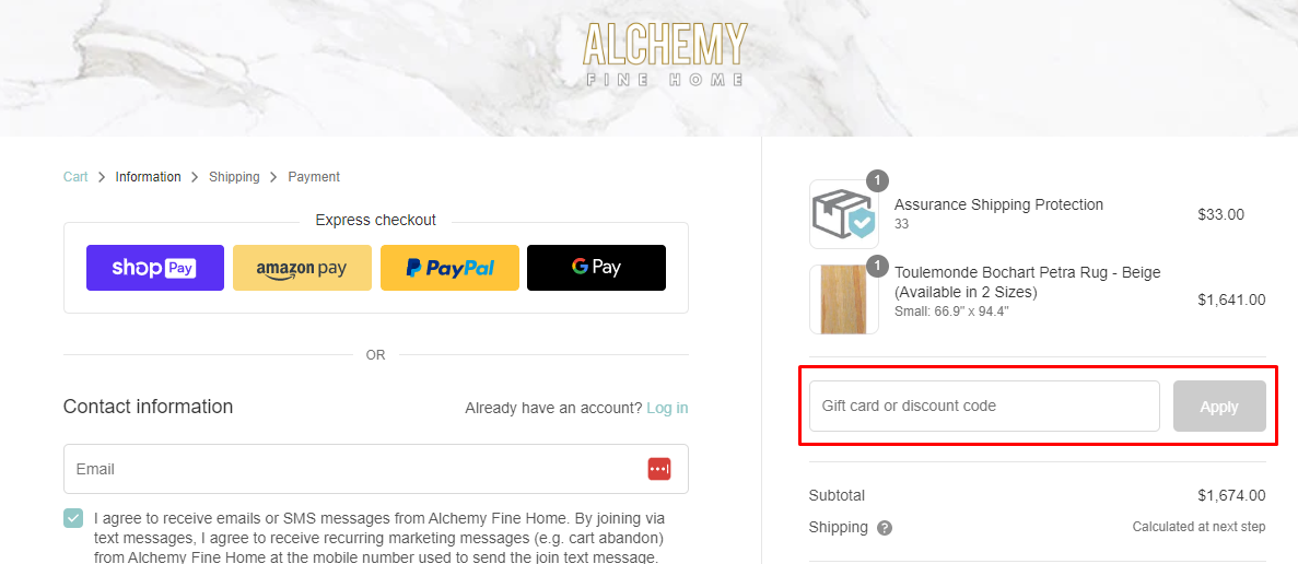 How do I use my Alchemy Fine Home discount code?