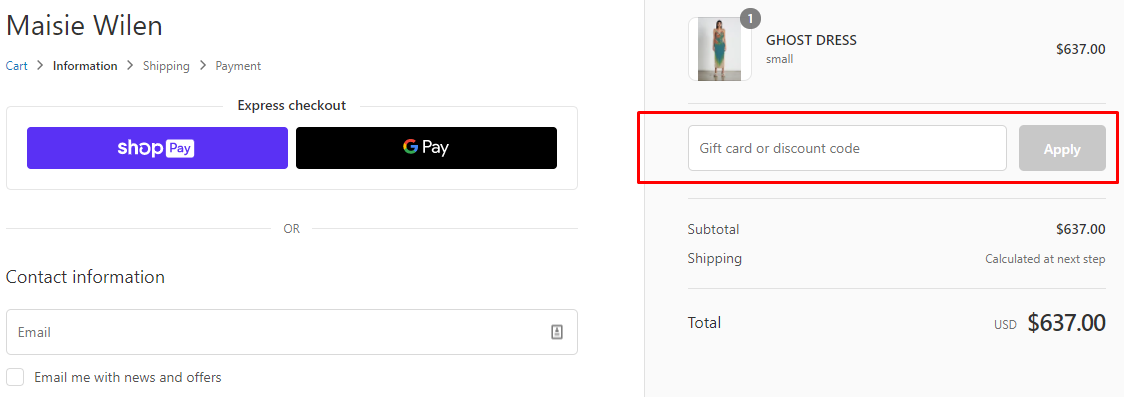 How do I use my MAISIE WILEN discount code?
