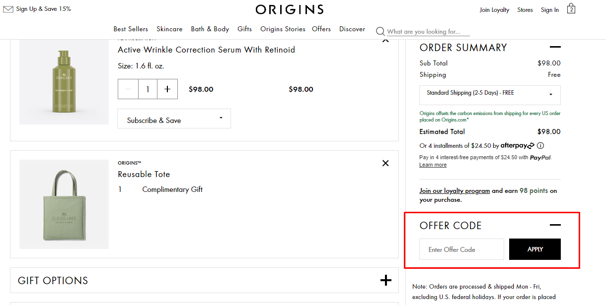 How do I use my Origins offer code?