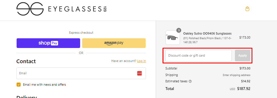 How do I use my Eyeglasses123 discount code?