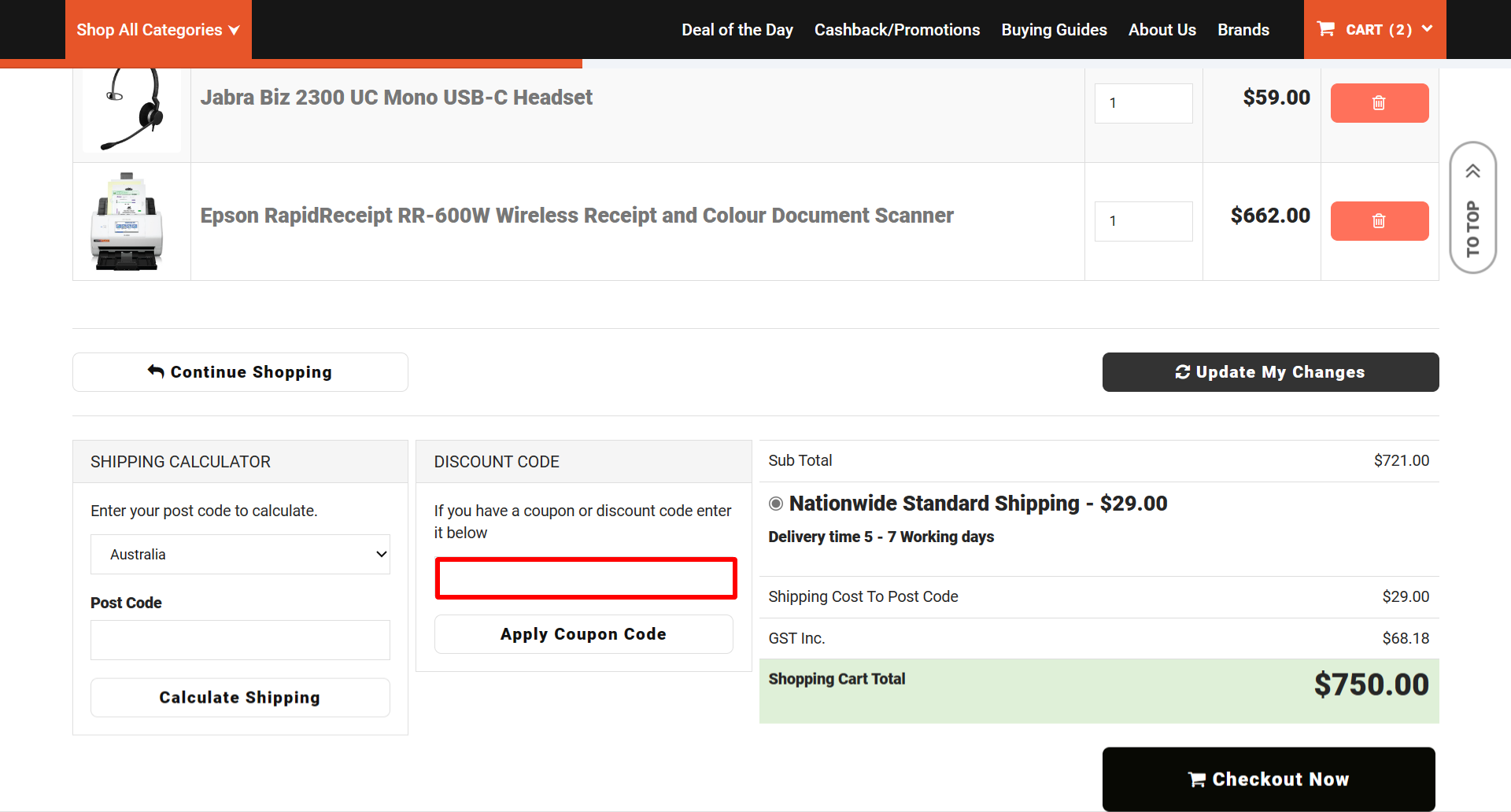 The brand checkout page with where to add the Device Deal discount code highlighted with a red box