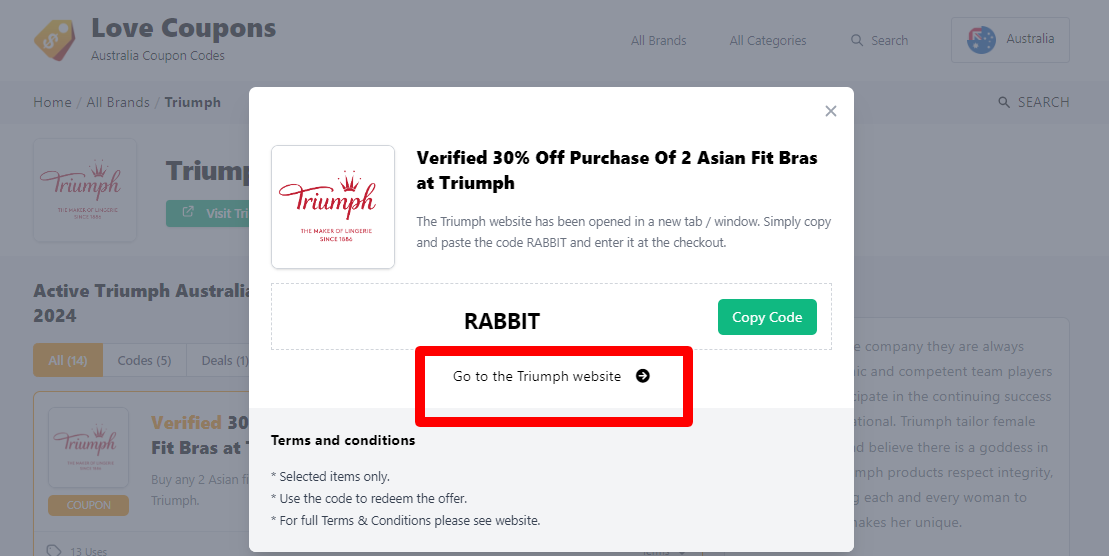 Box displayed on a darkened background of a Triumph coupon code with the terms and conditions showing