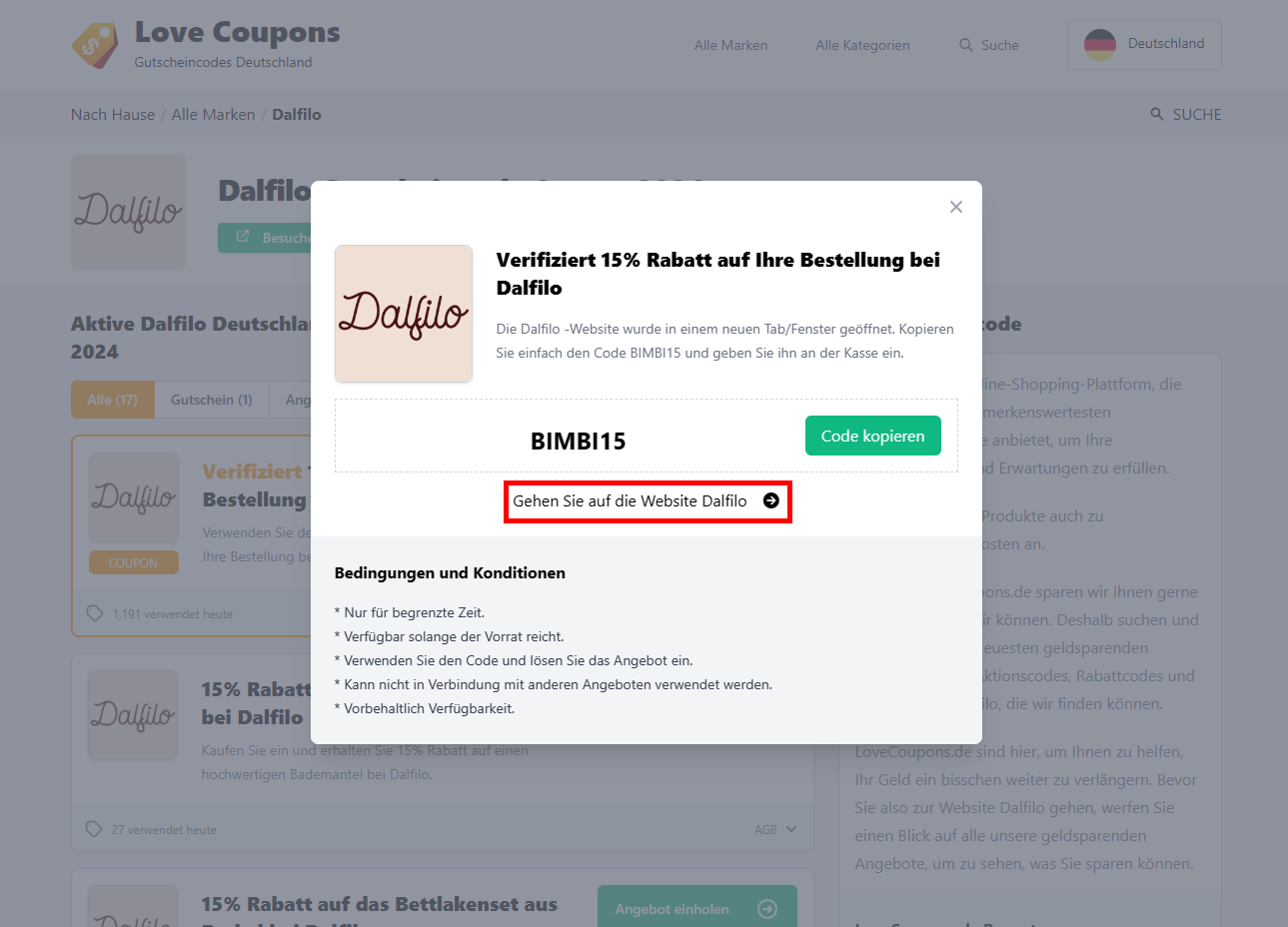 Die Lovecoupons Seite mit einem offenen Dalfilo Rabattcode und rotmarkiertem Link