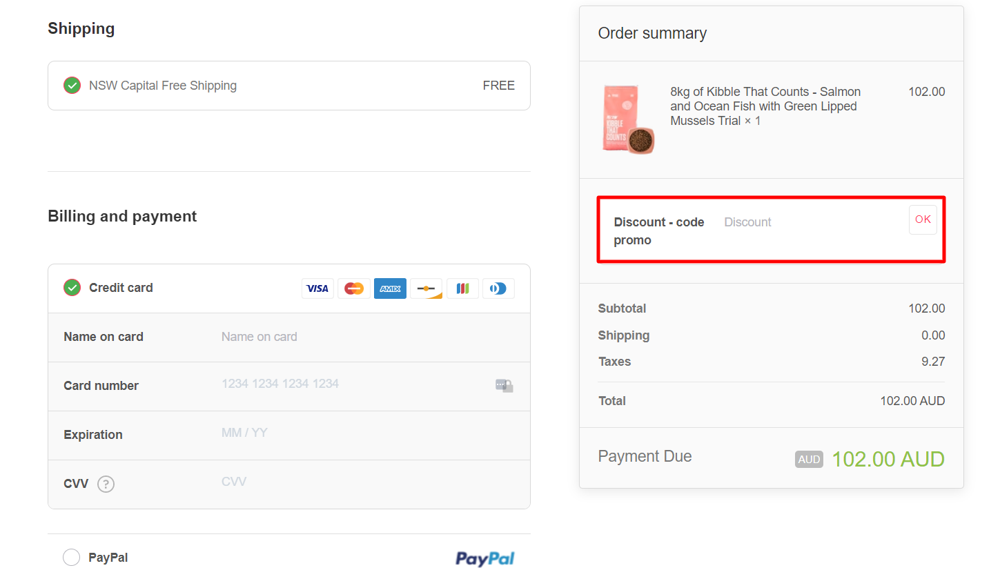 Petzyo checkout page with payment options and ‘Discount-code’ in a red box for a Petzyo discount code