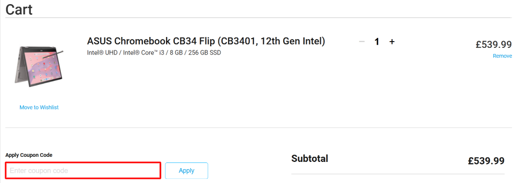 The ASUS shopping cart page with where to paste the ASUS voucher code in a red box