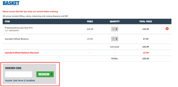 The checkout page showing a red highlighted red box where you paste your F1 Autocentres voucher code