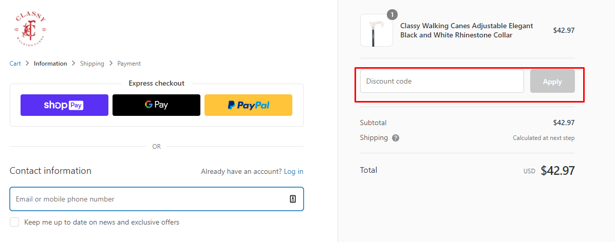 How do I use my Classy Walking Canes discount code?