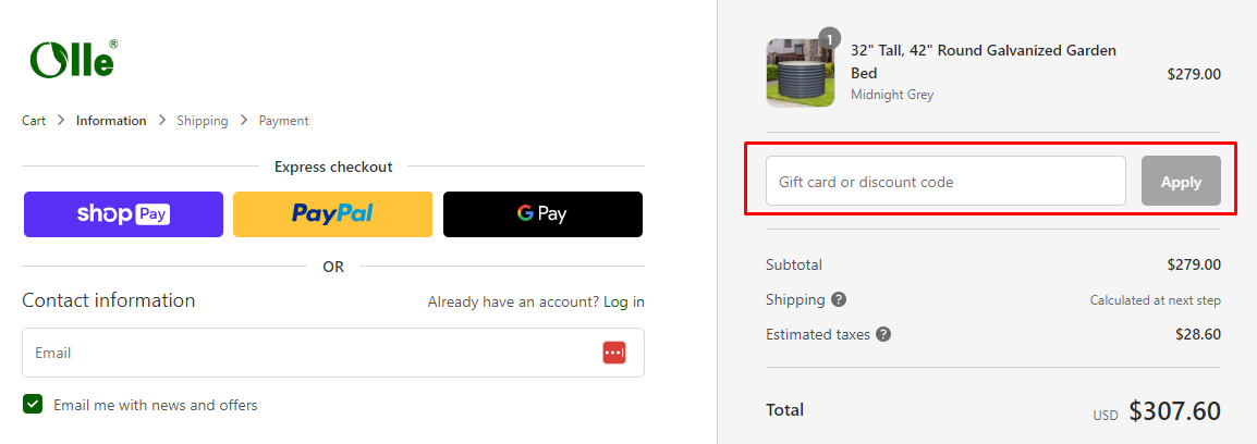 How do I use my Olle Gardens discount code?
