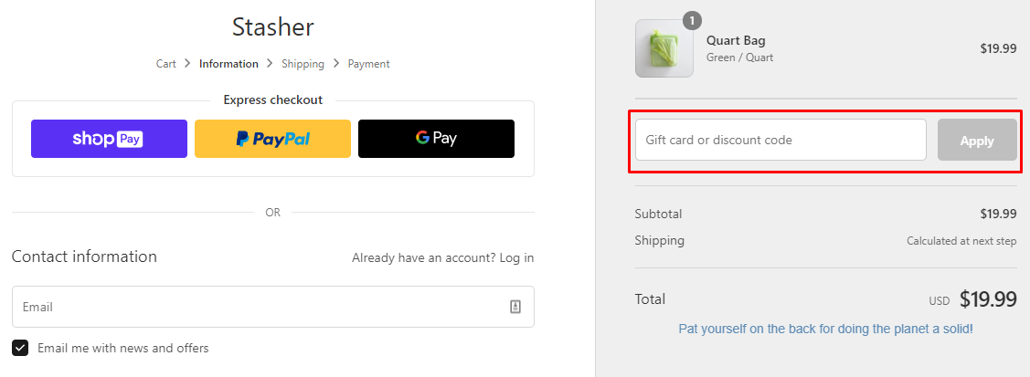 How do I use my Stasher Bags discount code?