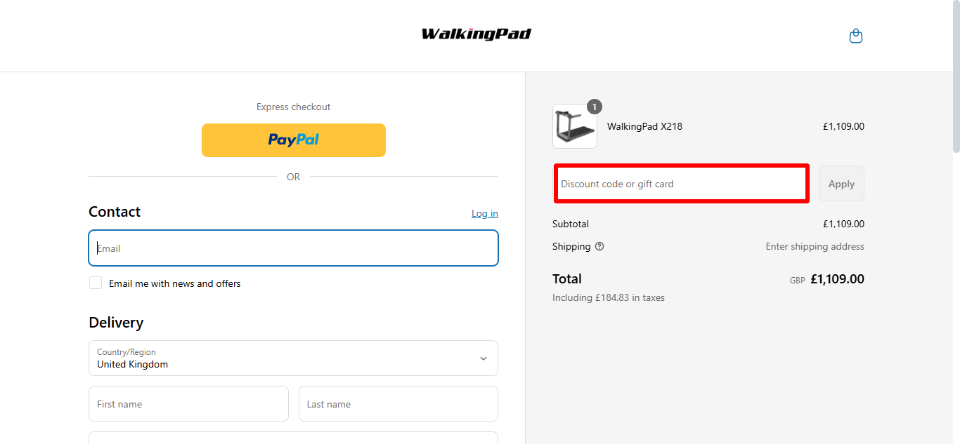 WalkingPad checkout page where you can apply your voucher code