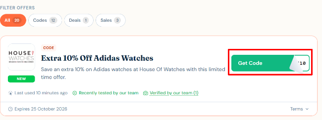 an additional 10% discount on Adidas watches at their website