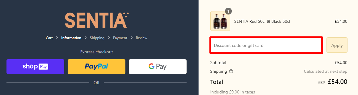 The brand checkout page with where to add the SENTIA coupon code highlighted with a red box