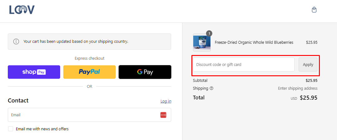 How do I use my LOOV Organic discount code?