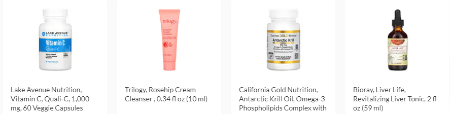 some of iHerb’s trending products, cleanser, vitamin C, and Krill oil